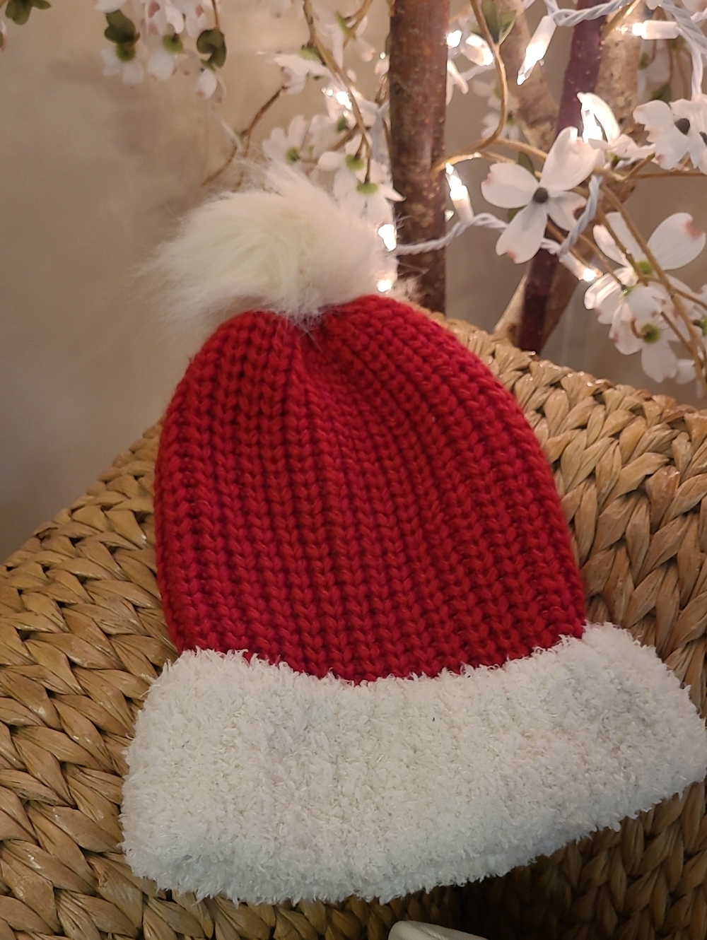 Red Knit Pom Pom Beanie with White Faux Fur Trim